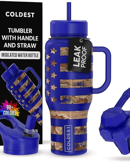 Coldest Tumbler with Handle and Straw - 100% Leak Proof Insulated Tumbler with Lid and Straw (3 Lids) - Stainless Steel Tumblers for Women & Men - Cup Holder Friendly Base, 36 oz (The Democrat)