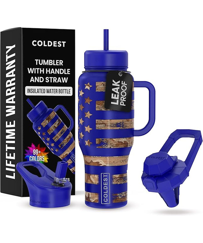 Coldest Tumbler with Handle and Straw - 100% Leak Proof Insulated Tumbler with Lid and Straw (3 Lids) - Stainless Steel Tumblers for Women & Men - Cup Holder Friendly Base, 36 oz (The Democrat)