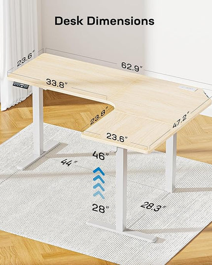 HUANUO 63″ Dual Motor L-Shaped Standing Desk, Built-in Power Outlets, Electric Height Adjustable Corner Computer Desk, Large Power Strip Holder, Sit Stand Up Desk with 3 Preset Heights, Natural Wood