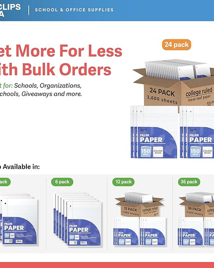 Loose Leaf Paper College Ruled Notebook Paper College Ruled Lined Writing Filler Paper 10.5” x 8” 3600 Sheets 150 Sheets Per Pack 60 gsm (24 Pack)