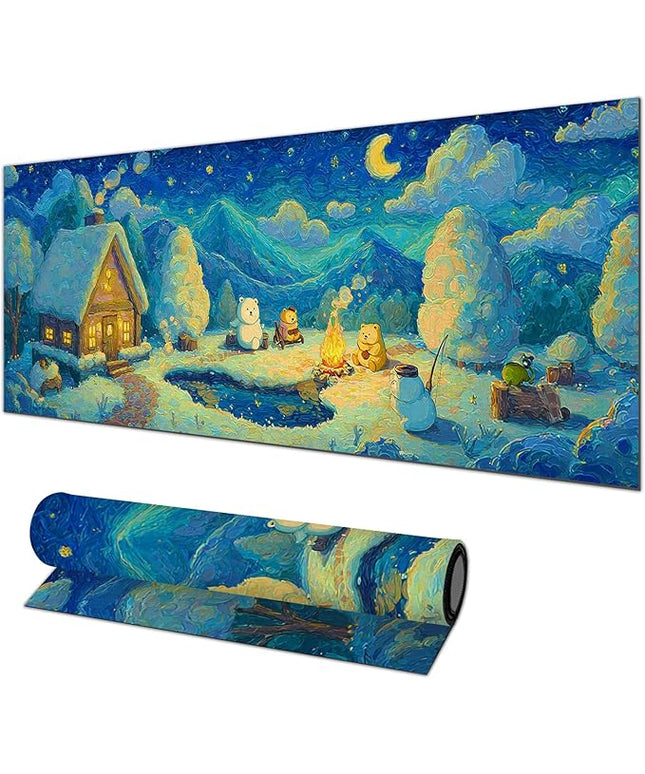 XL Mouse Pad 31.5 x 11.8 Inch Gaming Mousepad Diatomite Large Keyboard Mouse Pad for Home and Office Desk Accessories with Winter Cabin Starry Sky Bear Campfire Artwork
