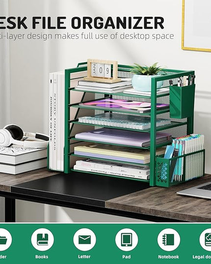 Simple Trending 6 Tier Desk File Organizer, Paper Letter Tray Organizer with File Holder and Pen Container, Green