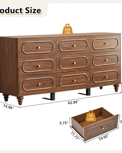 9 Drawer Fluted Dresser for Bedroom, Mid Century Modern Chest of Drawers, Wood Storage Small Dresser Organizer for Bedroom Living Room Hallway Closet, Walnut