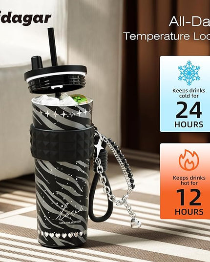24 oz Stainless Steel Tumbler with Lid and Straw, Insulated Coffee Mug, Leak Proof, Portable Iced Travel Water Bottle, Reusable Thermal Coffee Cup Gift for Women, Black