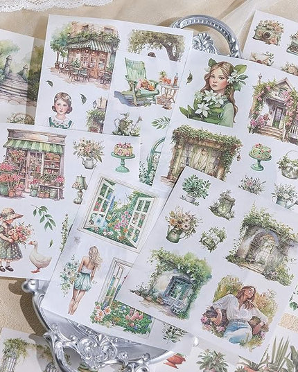 YagCu Garden Journal Stickers, 50 Sheets Washi Junk Journaling Sticker Book, Scrapbook Supplies, Watercolor Scrapbooking for Adults, Green Decorative Ephemera Arts Craft
