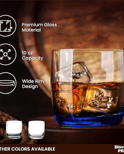 DISCOUNT PROMOS Whiskey Glasses 10 oz Set of 10, Bulk Pack - Heavy Base Old Fashioned Glass, Perfect for Scotch, Bourbon, Whiskey, Cocktail - Blue Bottom Color