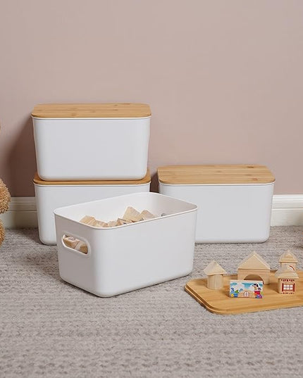 Citylife 4 PCS Storage Bins with Bamboo Lids Plastic Storage Containers for Organizing Stackable Storage Box with Handle, 10.23 x 7.08 x 6.3 inch