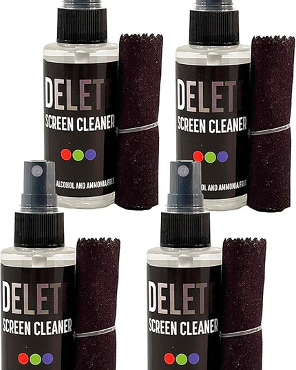 Delete Screen Cleaner Spray Kit, 4 Pack, 2oz Bottle and 12"x12" Microfiber Cleaning Cloth, Streak-Free, Safe and Gentle Formula, Multi-Purpose for Travel, Small TVs, Cameras, Laptops, Phones