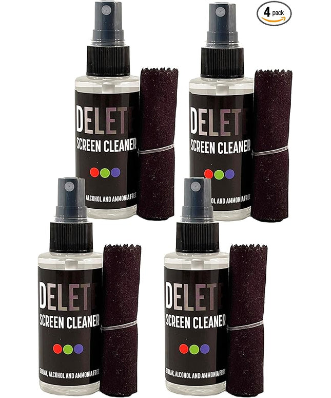 Delete Screen Cleaner Spray Kit, 4 Pack, 2oz Bottle and 12"x12" Microfiber Cleaning Cloth, Streak-Free, Safe and Gentle Formula, Multi-Purpose for Travel, Small TVs, Cameras, Laptops, Phones