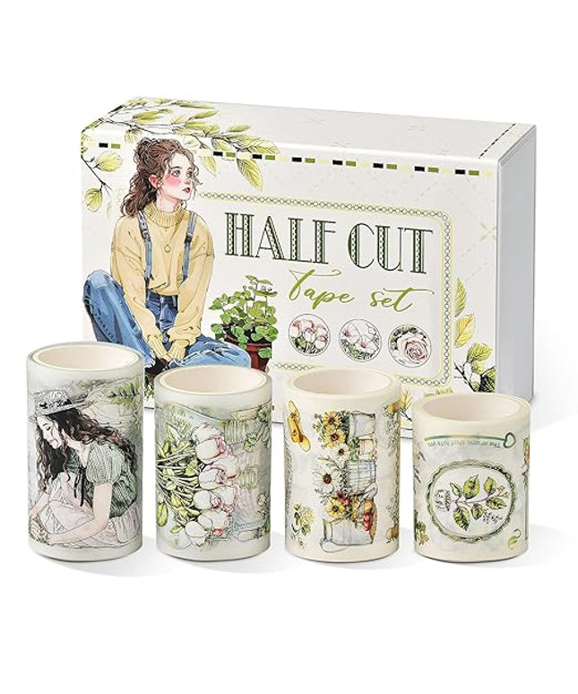 Snycler Pre-Cut Green Gardening Themed PET Washi Tapes - Vintage Aesthetic Tape Stickers for Journaling, Scrapbooking, Junk Journals, Crafts, Planners - 4 Rolls