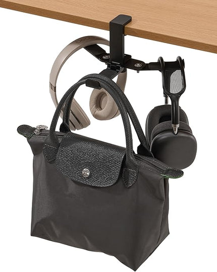 blingwider 3 Hooks Metal Heavy Duty Foldable Headphone Holder for Desk, Headset Stand for Desk,Backpack Holder Hook for Desk,Bag Hook Under Desk,Clamp Hook for Gaming PC Accessories,Black