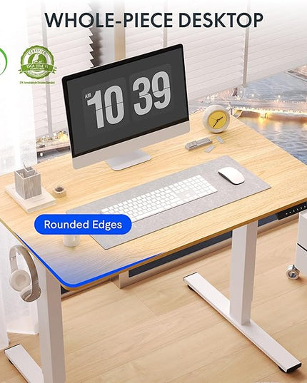 FLEXISPOT One-Piece Electric Standing Desk, 40 x 24 Inches Adjustable Desk with Seamless Desktop, Memory Controller Height Adjustment (White Frame + Maple Desktop, 2 Packages)