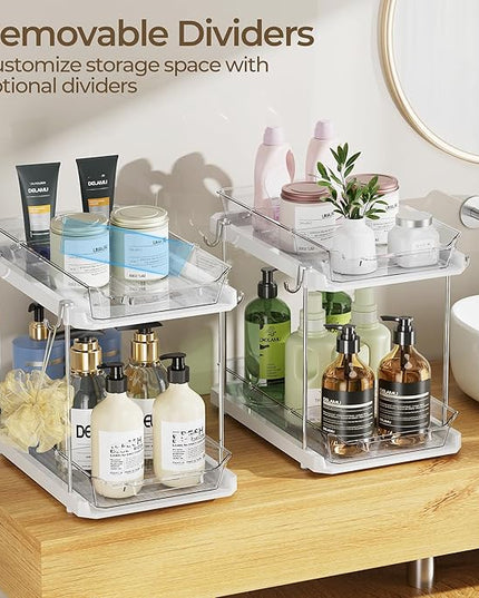 Delamu 2 Tier Bathroom Under Sink Organizers and Storage with Hook, Multi-Purpose Cabinet Drawers with Movable Dividers, Pull Out Organization for Countertop, Kitchen and Pantry(White, 2 Pack)