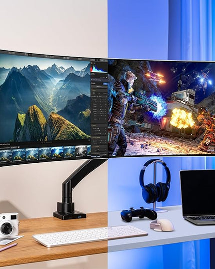 AVLT Single 17"-57" Super Ultrawide Monitor Arm for Screens Up to 59.5 lbs, Premium Aluminum Desk Stand, Adjustable Pneumatic Height, Full Motion Swivel Tilt Rotation, USB-C & USB-A Ports, Black
