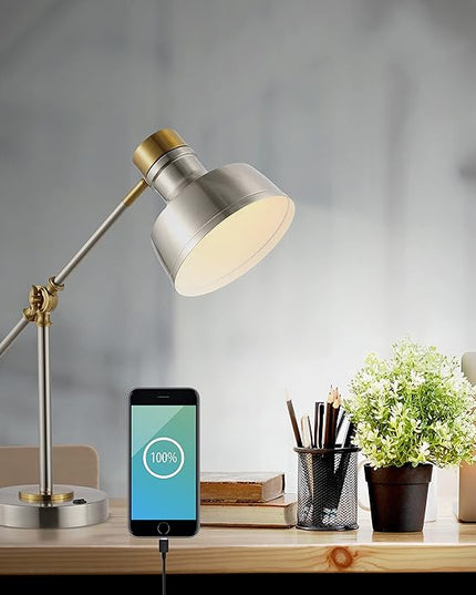 JONATHAN Y JYL7124B 18.5" Industrial Task Lamp with USB Charging Port, Nickel and Brass Farmhouse Desk Lamp with Adjustable Head for Office, Bedroom Bedside Reading, LED Bulb Included