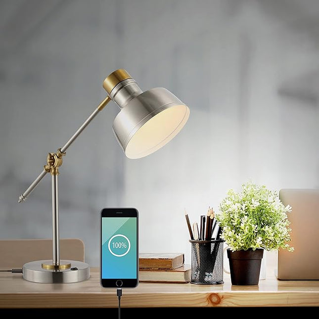 JONATHAN Y JYL7124B 18.5" Industrial Task Lamp with USB Charging Port, Nickel and Brass Farmhouse Desk Lamp with Adjustable Head for Office, Bedroom Bedside Reading, LED Bulb Included