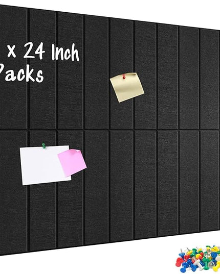 DOLLAR BOSS Felt Cork Board Tiles, 6 Packs 12" x 12" 1/2" Thick Bulletin Board Adhesive Acoustic Panels Soundproof Corkboards for Walls with 60 Pushpins for Home Office Kitchen School, Black Stripe
