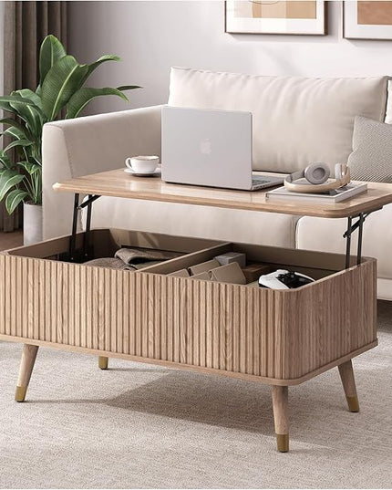 JOINICE Lift Top Coffee Table with Storage,Natural Wood Center Table for Living Room, Modern Farmhouse Oak Fluted Design,Pop-Up Desk for Work & Dining