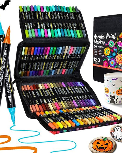 120 Colors Acrylic Paint Markers, Dual Tip with Fine Tip and Brush Tip Pens for Rock Painting Supplies, Canvas, Wood, Calligraphy, Metal, Ceramic, Glass, DIY Crafts Art Supplies Kit