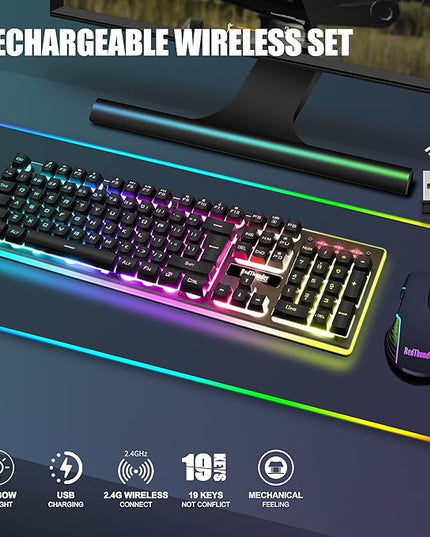 RedThunder K10 Wireless Gaming Keyboard and Mouse Combo, RGB Backlight Rechargeable 3800mAh Battery, 26-Key Anti-ghosting Keyboard + 7D 3200DPI Mice for PC Gamer