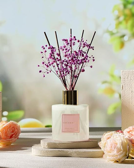 COCORRÍNA Reed Diffuser - Cherry Blossom 17 Fl.oz Reed Diffuser with 8 Sticks Scented Diffuser with Preserved Flowers for Bathroom Home Decor