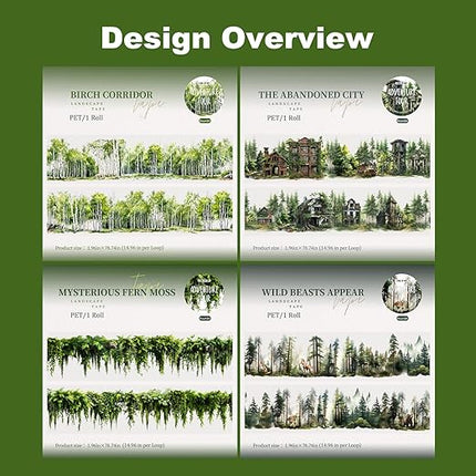 AuriicLeaf Forest Adventure Transparent PET Scrapbook Tape Set with Clip - 4 Rolls Tree and Landscape Scenery Design Stickers for Journals Planners Crafts and Gift Ideas