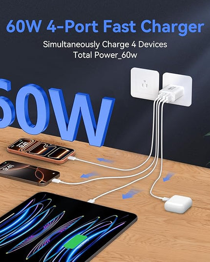 USB C Wall Fast Charger Block, 60W 4-Port Type C Charger Fast Charging Blocks +QC 3.0 USB C Multiport Charger Brick for Phone 16/15/14/13/12 Pro Max, Pad, Galaxy S24/23