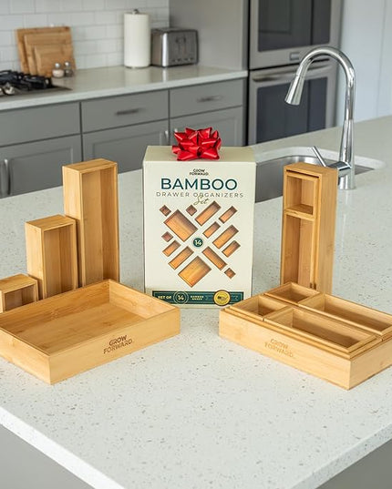 Grow Forward Bamboo Drawer Organizer Boxes - Set of 14 Wooden Drawer Organizers for Kitchen, Bathroom, Office, Desk, Vanity, Makeup - Non-Slip Junk Drawer Organizer Trays for Storage and Organization