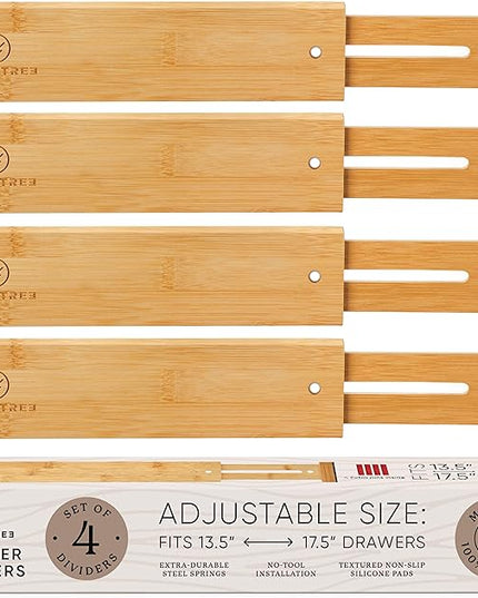 Night Tree Expandable Bamboo Drawer Dividers – Spring-Loaded Wooden Organizers for Clothes, Kitchen Utensils, Bathroom, and Dresser Drawers (13.5" to 17.5")