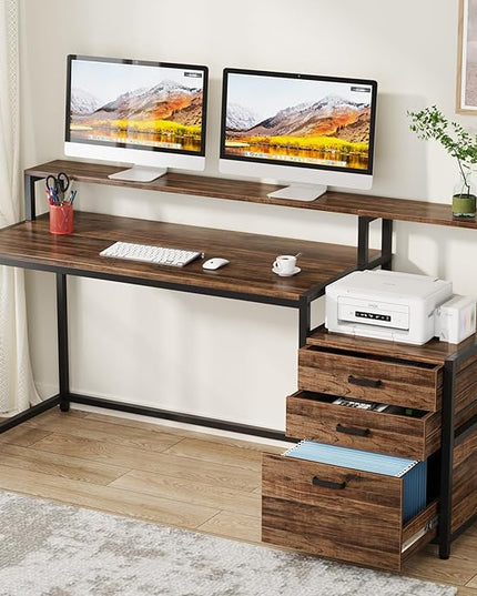 Tribesigns 63 Inch Computer Desk with File Drawer Cabinet, Ergonomic Office Desk with Monitor Stand, Industrial Computer Table with Printer Space, Wood PC Table Workstation Desk for Home Office