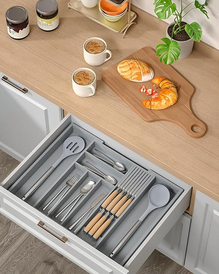 Bamboo-Silverware-Drawer-Organizer-Kitchen, Expandable Utensil Holder Cutlery Tray Flatware Organization Adjustable Wood Tableware Dividers Storage (with Removable Knife Block)(Grey)