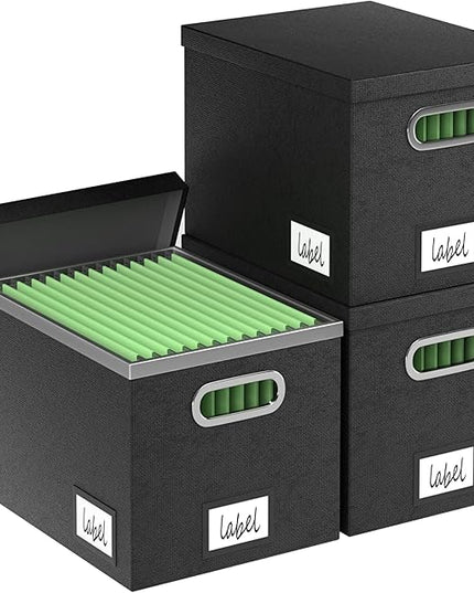 File Organizer Box File Boxes for Hanging Files with Lid Set of 3 Decorative Hanging Folders Letter Size Organizer with One-Piece Plastic Frame Slides (13.2 * 10.1 * 10.1in(3Pack), Black)