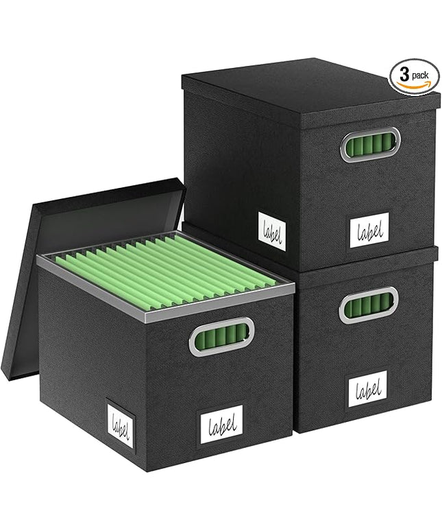 File Organizer Box File Boxes for Hanging Files with Lid Set of 3 Decorative Hanging Folders Letter Size Organizer with One-Piece Plastic Frame Slides (13.2 * 10.1 * 10.1in(3Pack), Black)