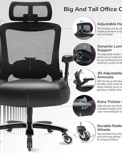 Big and Tall Office Chair 600lbs with 3D Flip Arms Adjustable Headrest - Heavy Duty Large Wheels Executive Computer Desk Chair, Ergonomic Lumbar Support Mesh High Back Plus Size Chair for Adults