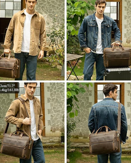 Masa Kawa Leather Briefcase for Men 15.6", 17" Laptop Computer Case Business Travel Work Messenger Cross Body Shoulder Bag