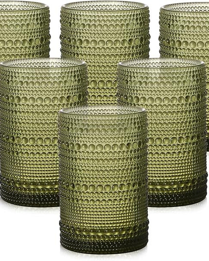 Vintage Glassware Drinking Glasses Set of 6,15 oz Hobnail Glass Cups,Embossed Green Water Tumbler,for Beer,Cocktail,Whiskey,Juice and Various Mixed Drinks- 1 Cleaning Brush