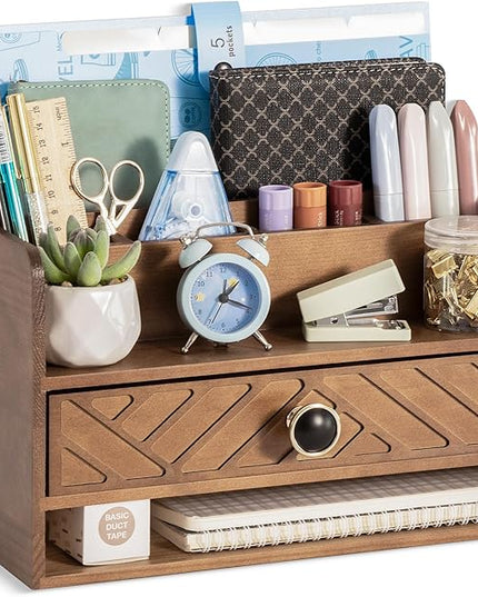 Brown Wood Desk Organizer and Accessories with Drawer, Bill Mail Organizer and File Mail Holder for Office Supplies, Desk Accessories & Workspace Organizers