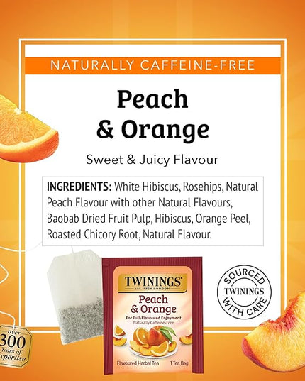 Twinings Peach & Orange Herbal Tea Individually Wrapped Bags, 20 Count (Pack of 6), Juicy & Fruity, Naturally Caffeine-Free, Enjoy Hot or Iced, 120 Teabags