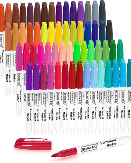 Shuttle Art 60 Colors Permanent Markers, Fine Point, Assorted Colors, Works on Plastic,Wood,Stone,Metal and Glass for Doodling, Coloring, Marking