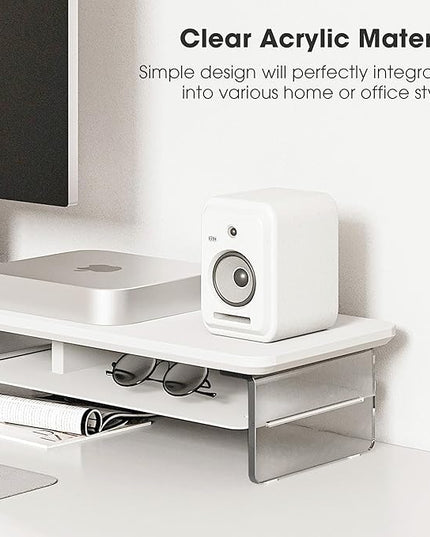 Fenge Acrylic Monitor Stand Riser, 42.5 Inches Dual Monitor Stand with Metal Storage, 2 Tier Acrylic Computer Riser for Desk, Clear Laptop Stand for PC, Laptop, Printer, TV, White