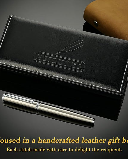 BEILUNER Luxury Fountain Pen Set, Solid 24K Gilded Fine Nib, Silver Stainless Steel Body- Includes 6 Ink Cartridges & Ink Refill Converter with Gift Case - Perfect for Men and Women