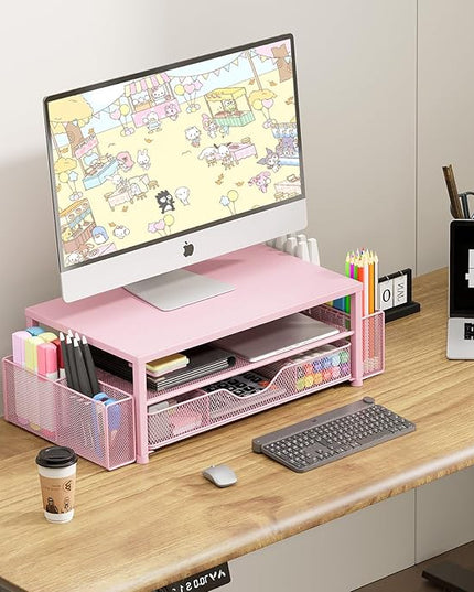 OPNICE Desk Organizers and Accessories, 2-Tier Computer Monitor Stand Riser with Drawer and 2 Pen Holders, Laptop Stand, Office Desk Accessories & Office Decor for Women, Pink