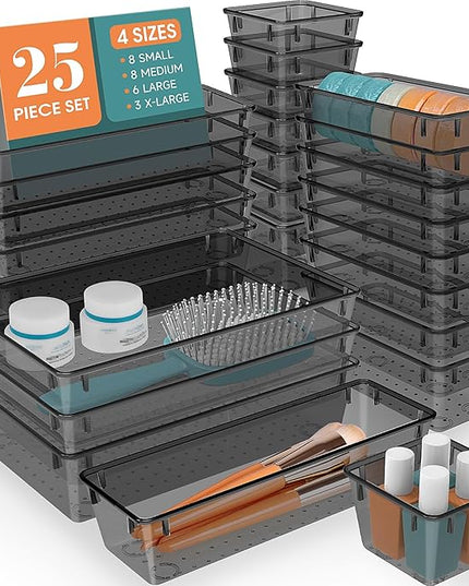 WOWBOX 25 PCS Plastic Drawer Organizer Set, Desk Drawer Divider Organizers and Storage Bins for Makeup, Jewelry, Gadgets for Kitchen, Bedroom, Bathroom, Office, Black