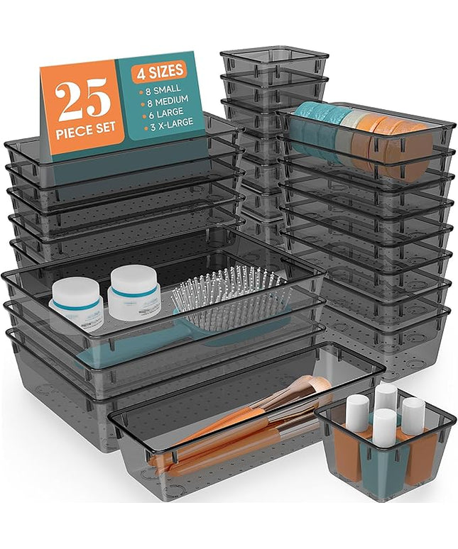 WOWBOX 25 PCS Plastic Drawer Organizer Set, Desk Drawer Divider Organizers and Storage Bins for Makeup, Jewelry, Gadgets for Kitchen, Bedroom, Bathroom, Office, Black