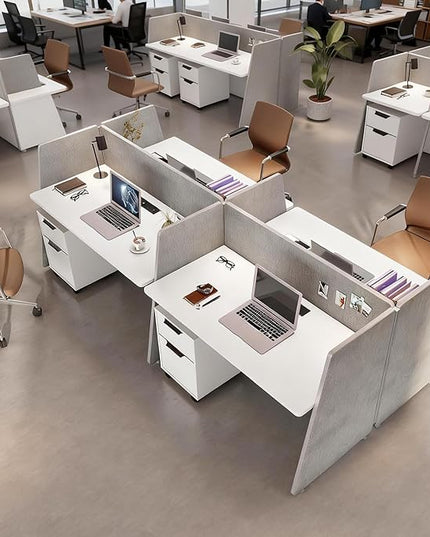 SAINTCY 4-Person Modular Desk Workstation with Privacy Walls & Integrated Power | Includes Mobile Drawer Cabinets | Space-Saving Layout for Startups & Modern Offices (Silver, 2 Desk for 4 Person)