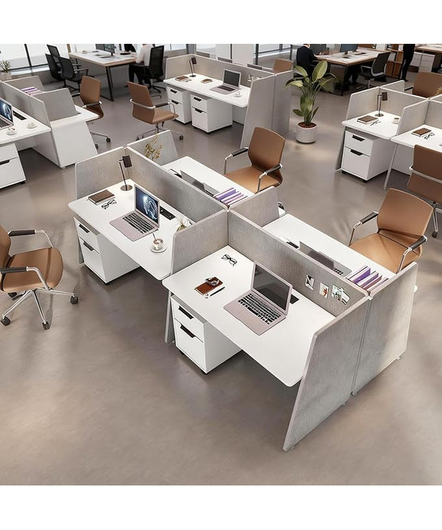SAINTCY 4-Person Modular Desk Workstation with Privacy Walls & Integrated Power | Includes Mobile Drawer Cabinets | Space-Saving Layout for Startups & Modern Offices (Silver, 2 Desk for 4 Person)