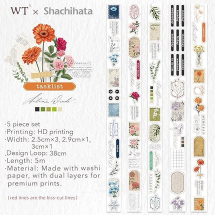 WT Seasonal Splendor Washi Tape Sticker Set, 5 Rolls, Original Designs, Vintage Watercolor Floral Design, Adhesive Stickers for Junk Journals, Scrapbooks, Bujo, Planners, DIY Crafts