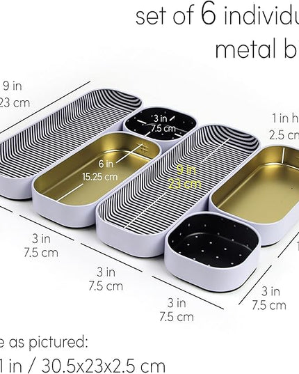 Three by Three Seattle 6 Piece Shallow Metal Organizer Tray Set for Storing Makeup, Stationery, Utensils, and More in Office Desk, Kitchen and Bathroom Drawers (1 Inch, Gold Dots and Stripes)
