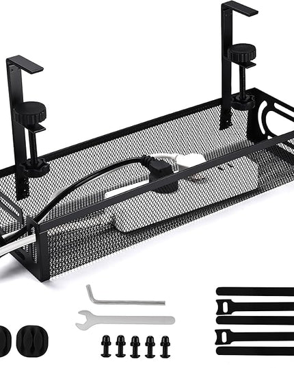 Under Desk Cable Management Tray Small – Clamp-Mounted Wire Organizer & Cord Management Under Desk Rack, No-Drill Metal Cable Organizer for Home Office (Black)