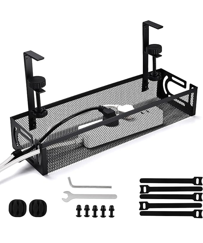 Under Desk Cable Management Tray Small – Clamp-Mounted Wire Organizer & Cord Management Under Desk Rack, No-Drill Metal Cable Organizer for Home Office (Black)